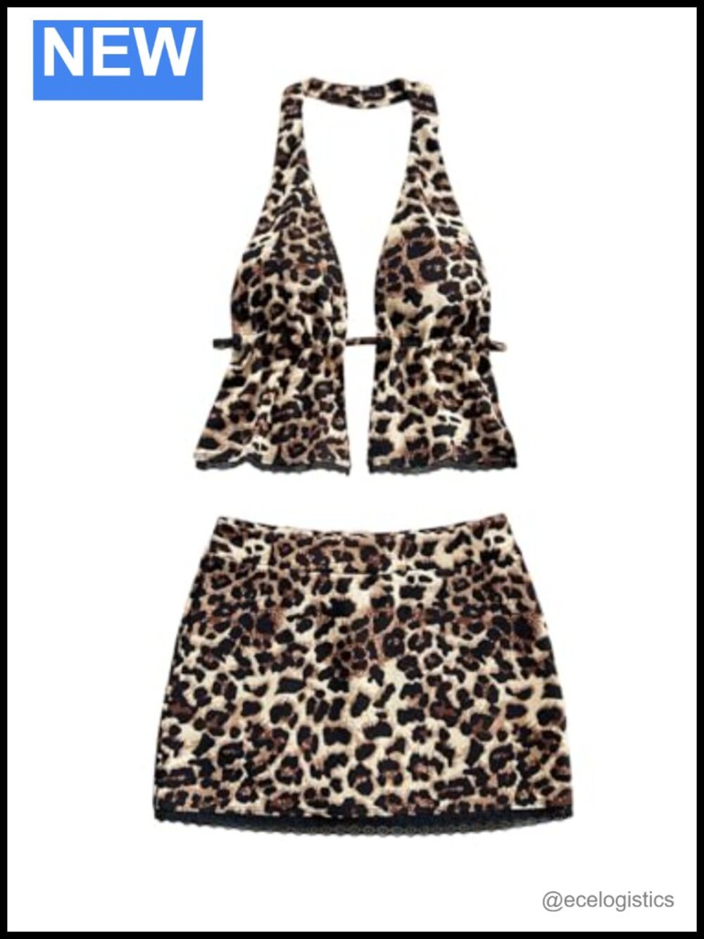 Women's Leopard Print Halter Top Mini Skirt Set Lace Trim Backless 2 Piece